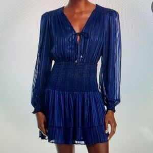 Aqua Navy Long-Sleeve Smocked Waist Tiered Mini Dress